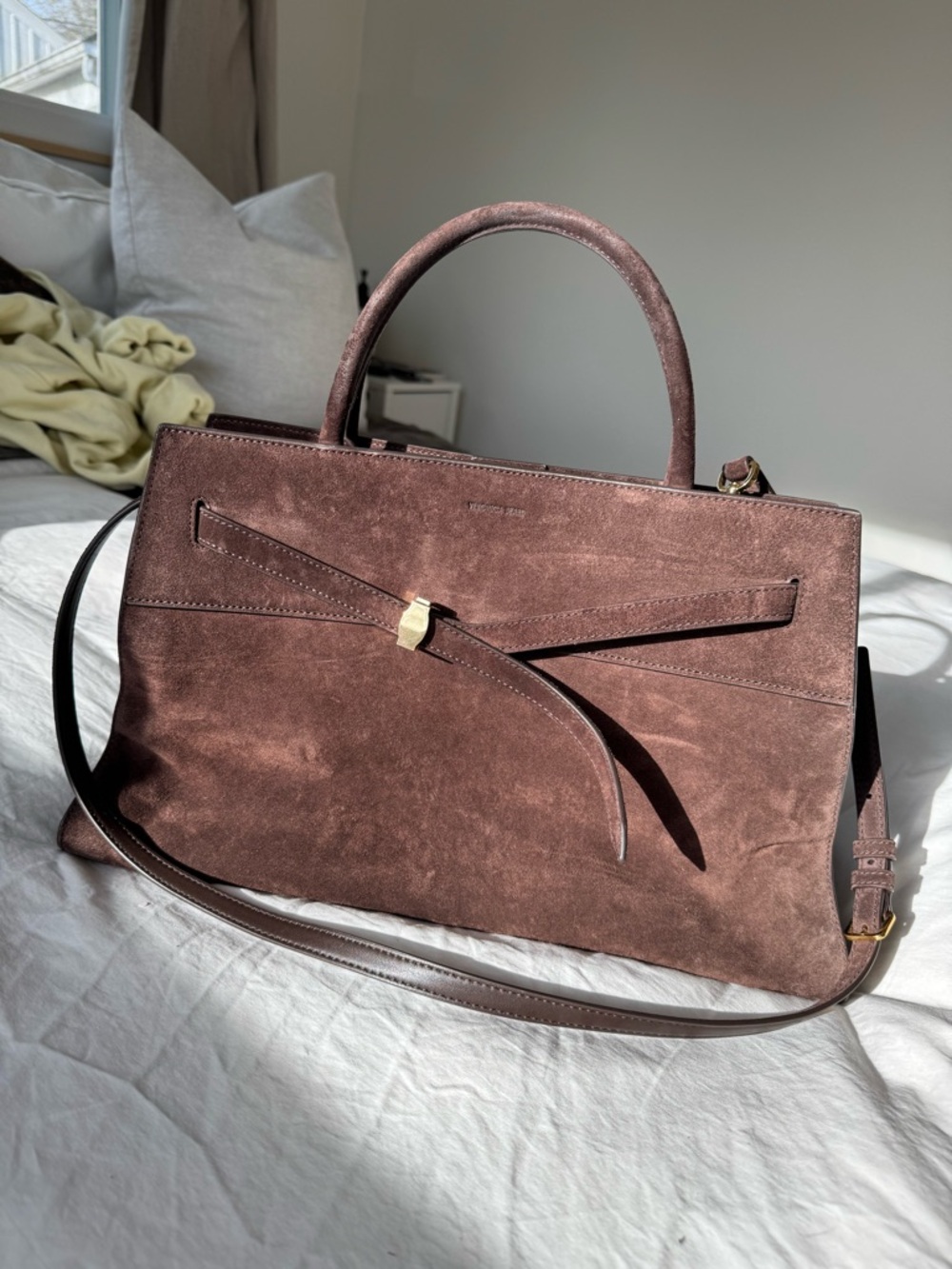 Veronica Beard Dash Bag - Large - Brown Suede Top-Handle Satchel with